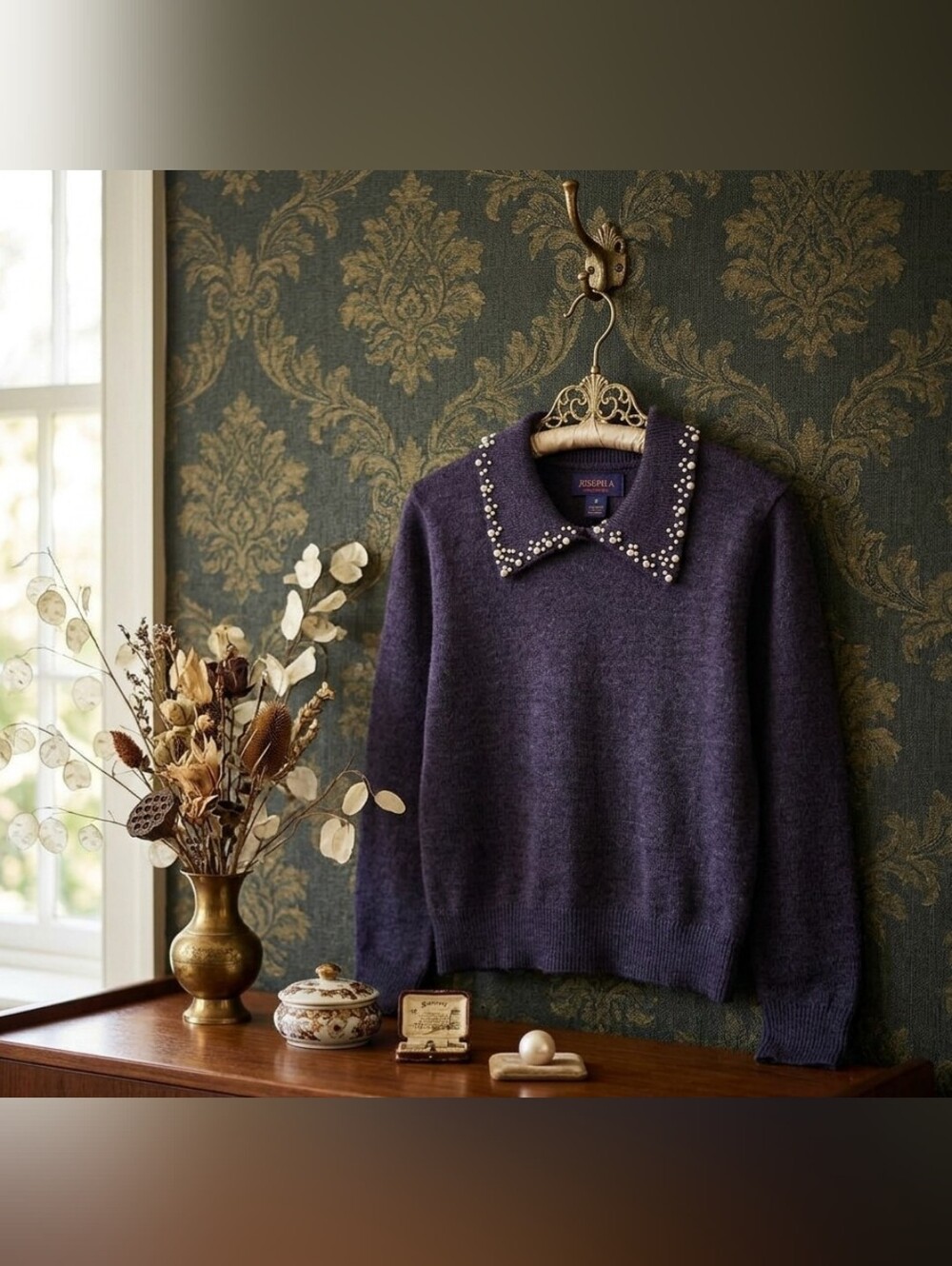 Joseph A Pearl Emvelished Johnny Collar Sweater Sz XL